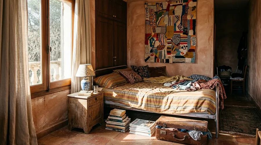 Editorial photo of a sunlit 1970s Mediterranean villa bedroom with terracotta plaster walls and lived-in maximalist clutter, generated on getimg.ai with Nano Banana 2 for an AI image realism test.