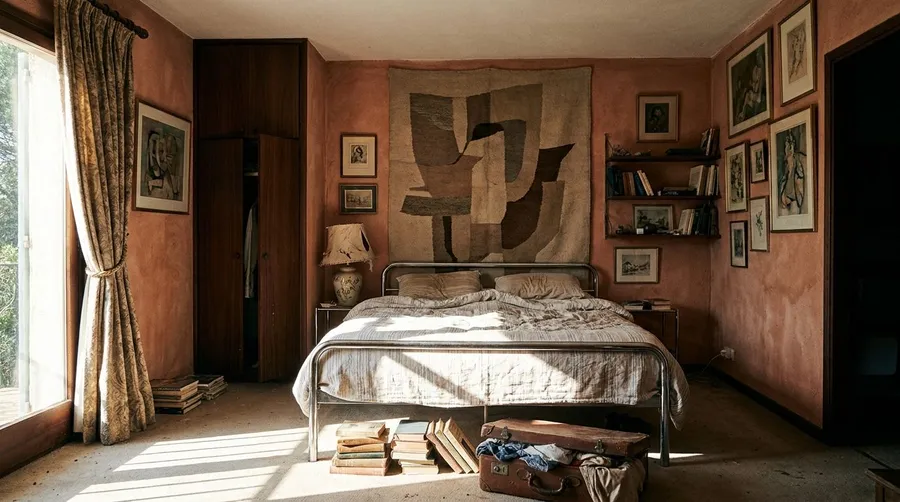 Editorial photo of a sunlit 1970s Mediterranean villa bedroom with terracotta plaster walls and lived-in maximalist clutter, generated on getimg.ai with Nano Banana Pro for an AI image realism test.