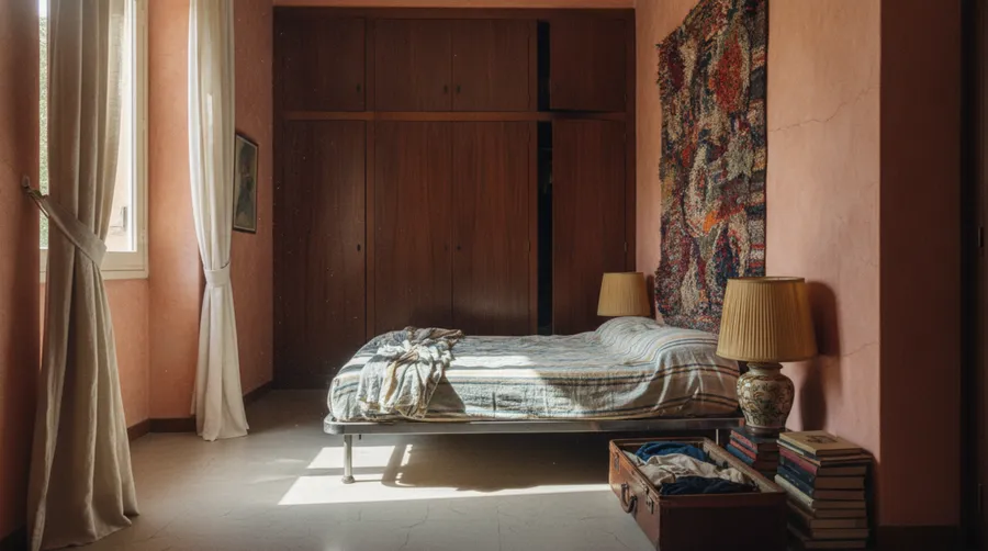 Editorial photo of a sunlit 1970s Mediterranean villa bedroom with terracotta plaster walls and lived-in maximalist clutter, generated on getimg.ai with Nano Banana for an AI image realism test.