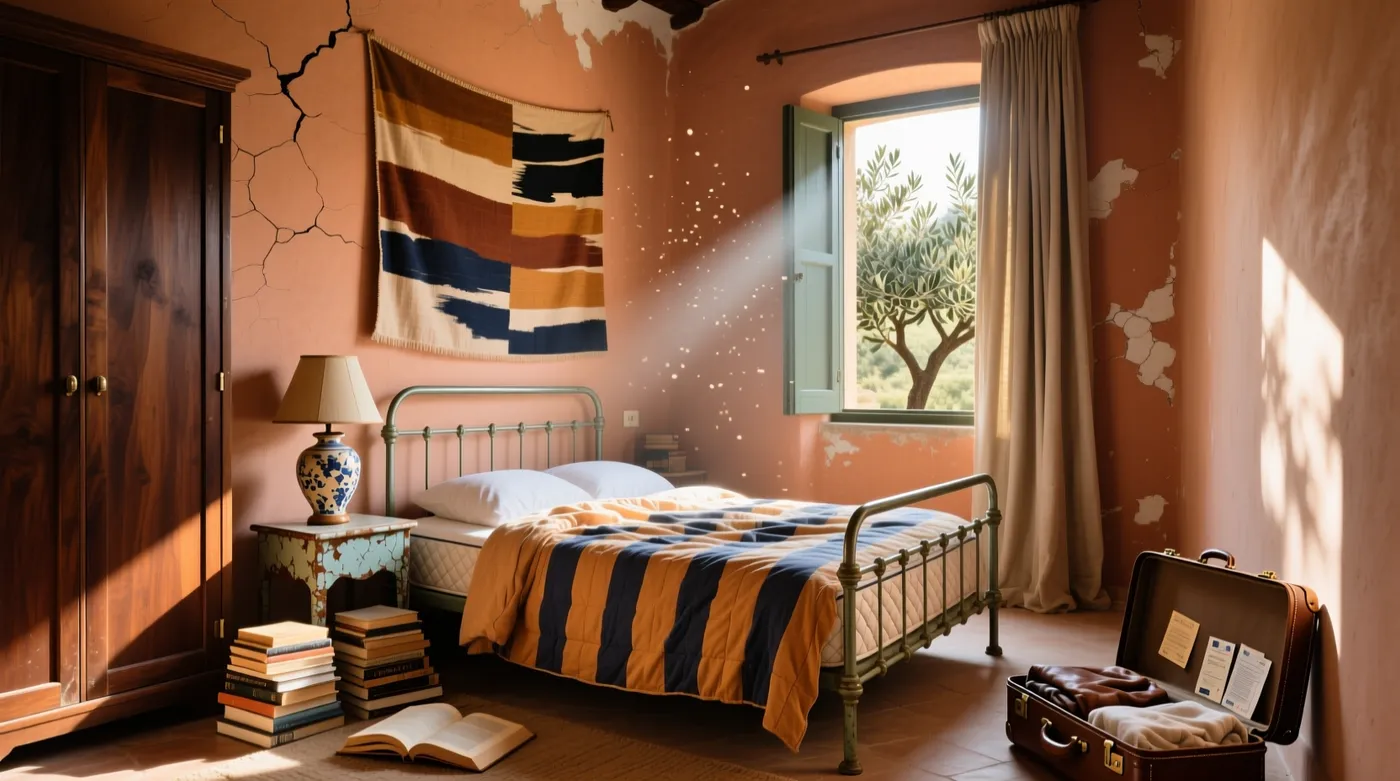 Editorial photo of a sunlit 1970s Mediterranean villa bedroom with terracotta plaster walls and lived-in maximalist clutter, generated on getimg.ai with Qwen Image for an AI image realism test.