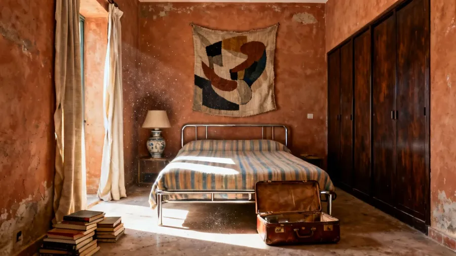Editorial photo of a sunlit 1970s Mediterranean villa bedroom with terracotta plaster walls and lived-in maximalist clutter, generated on getimg.ai with Seedream 4 for an AI image realism test.