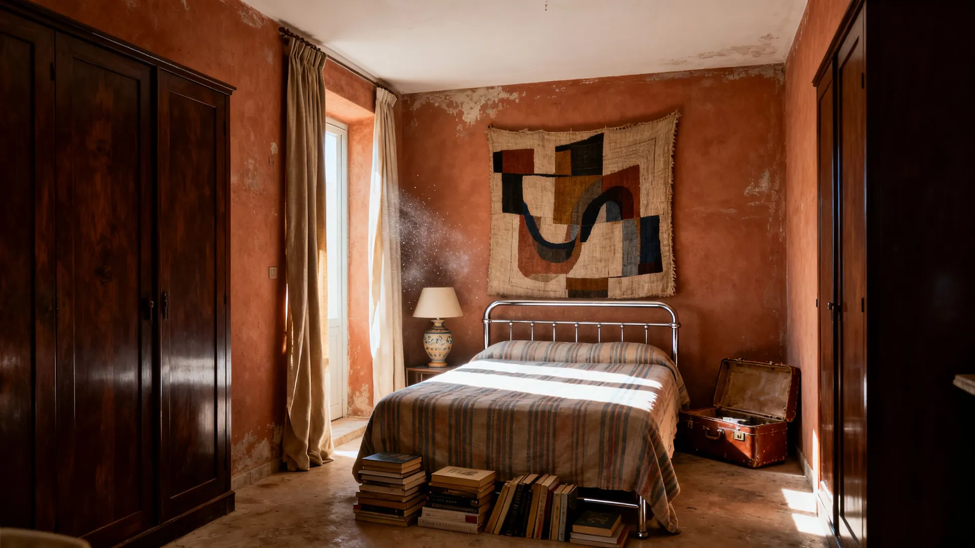 Editorial photo of a sunlit 1970s Mediterranean villa bedroom with terracotta plaster walls and lived-in maximalist clutter, generated on getimg.ai with Seedream 4.5 for an AI image realism test.