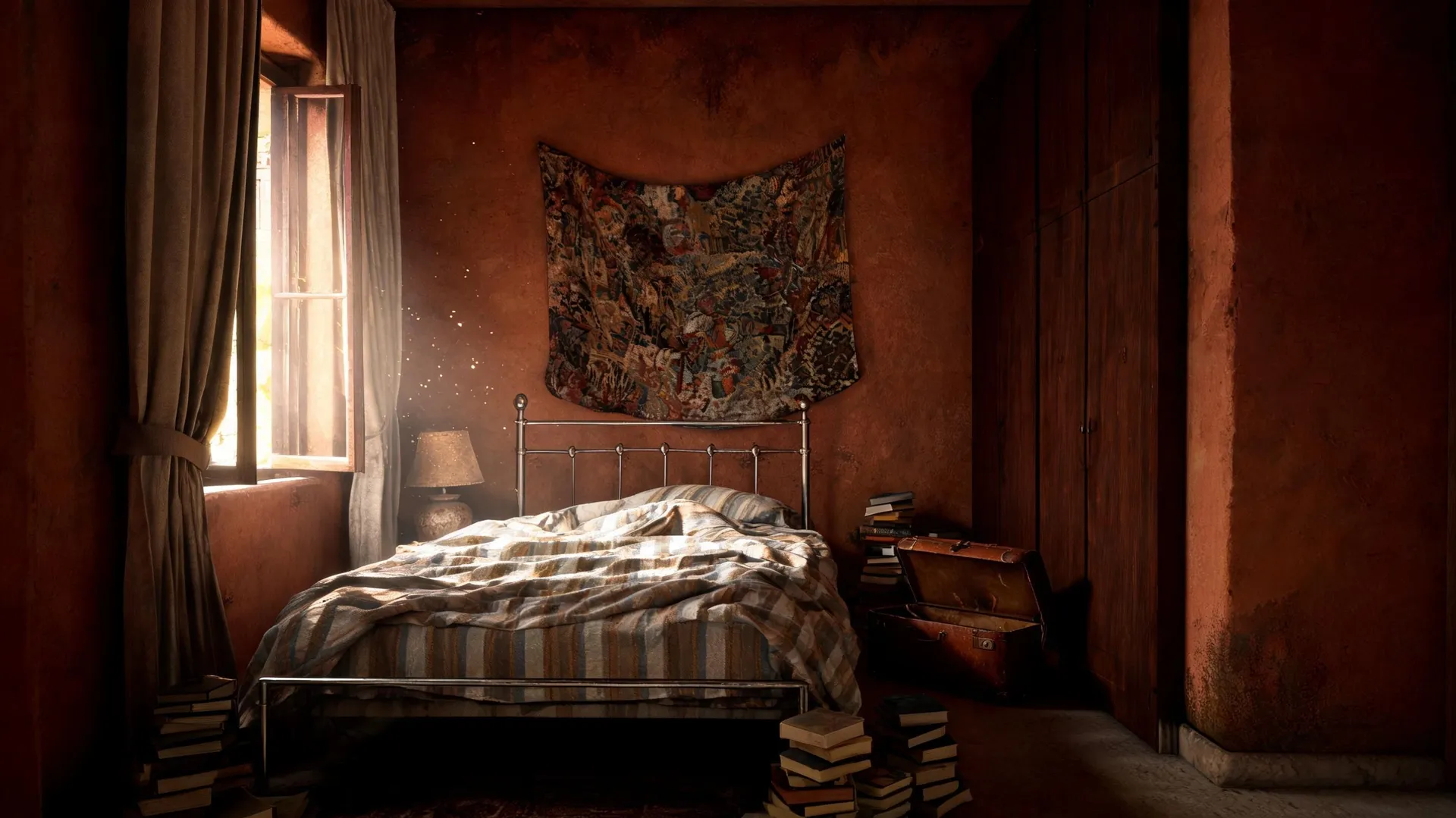Editorial photo of a sunlit 1970s Mediterranean villa bedroom with terracotta plaster walls and lived-in maximalist clutter, generated on getimg.ai with Seedream 5.0 Lite for an AI image realism test.