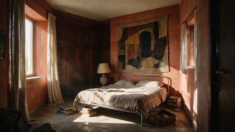 Editorial photo of a sunlit 1970s Mediterranean villa bedroom with terracotta plaster walls and lived-in maximalist clutter, generated on getimg.ai with Seedream 5.0 Pro for an AI image realism test.