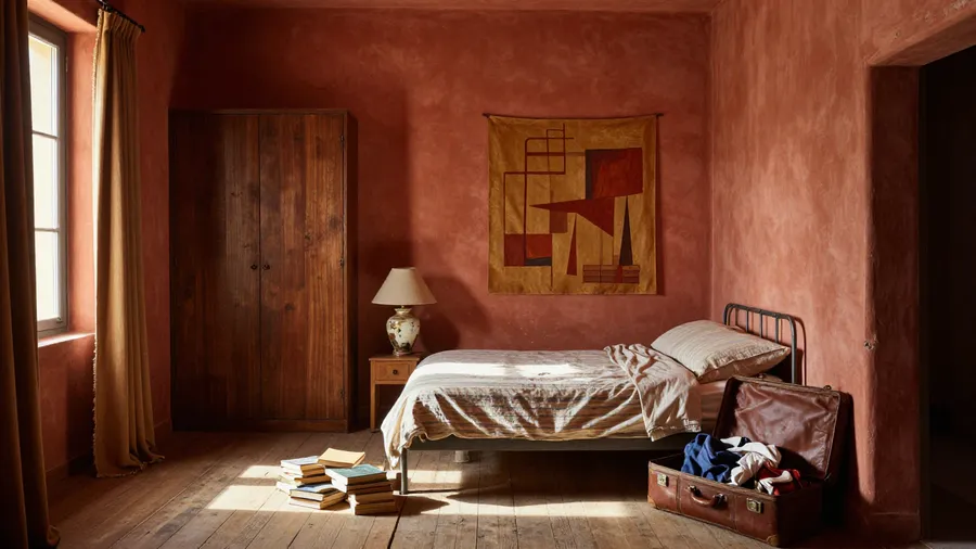 Editorial photo of a sunlit 1970s Mediterranean villa bedroom with terracotta plaster walls and lived-in maximalist clutter, generated on getimg.ai with Z-Image Turbo for an AI image realism test.