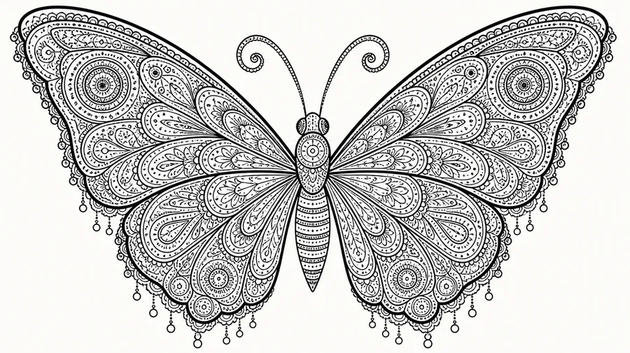 Symmetrical mandala-style line art of a butterfly with ornate patterned wings, generated with getimg.ai's AI line art generator