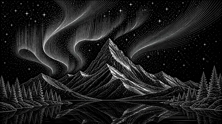 White-on-black line art of a jagged mountain peak reflected in a lake under a starry aurora sky, generated with getimg.ai's AI line art generator