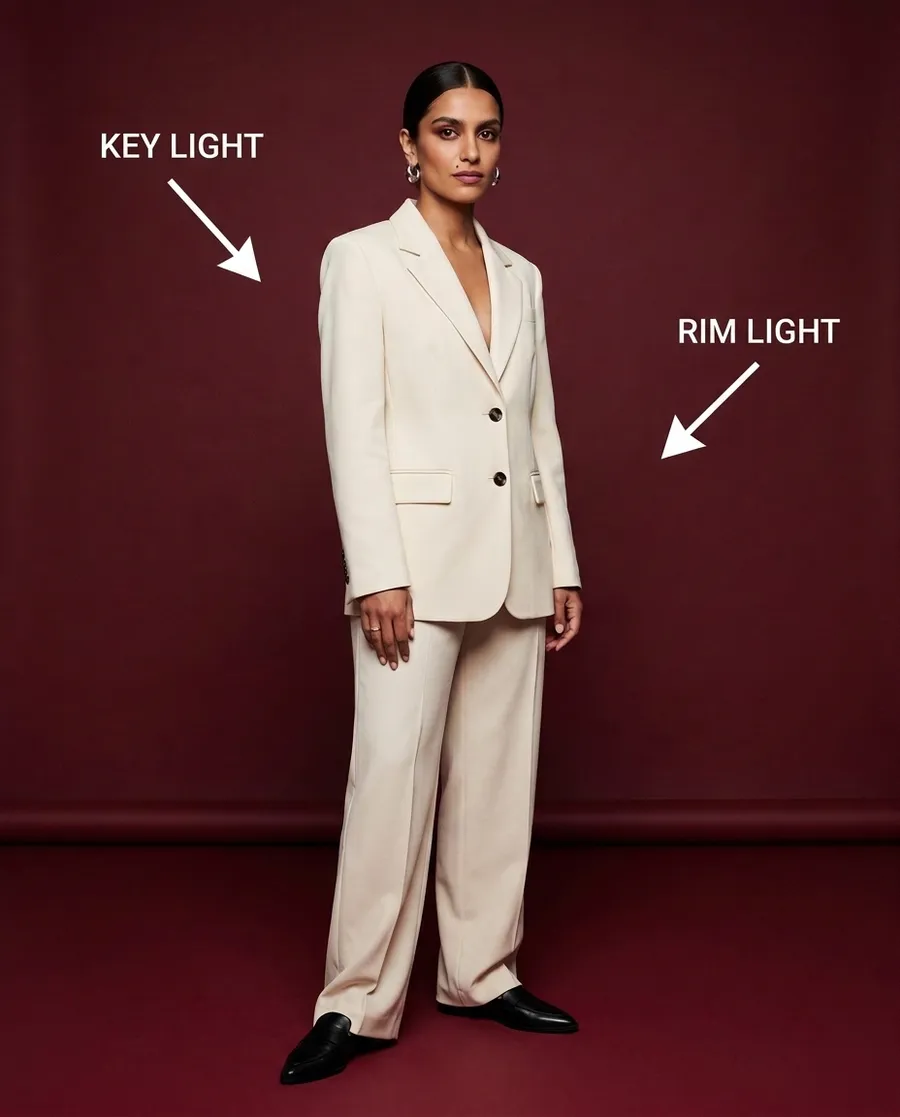 Full-body shot of a fictional model with a sleek low bun and silver hoop earrings in a cream tailored suit on a burgundy studio backdrop, annotated with key light and rim light arrows, generated on getimg.ai to show the locked lighting setup in a guide to creating an AI photoshoot from one photo