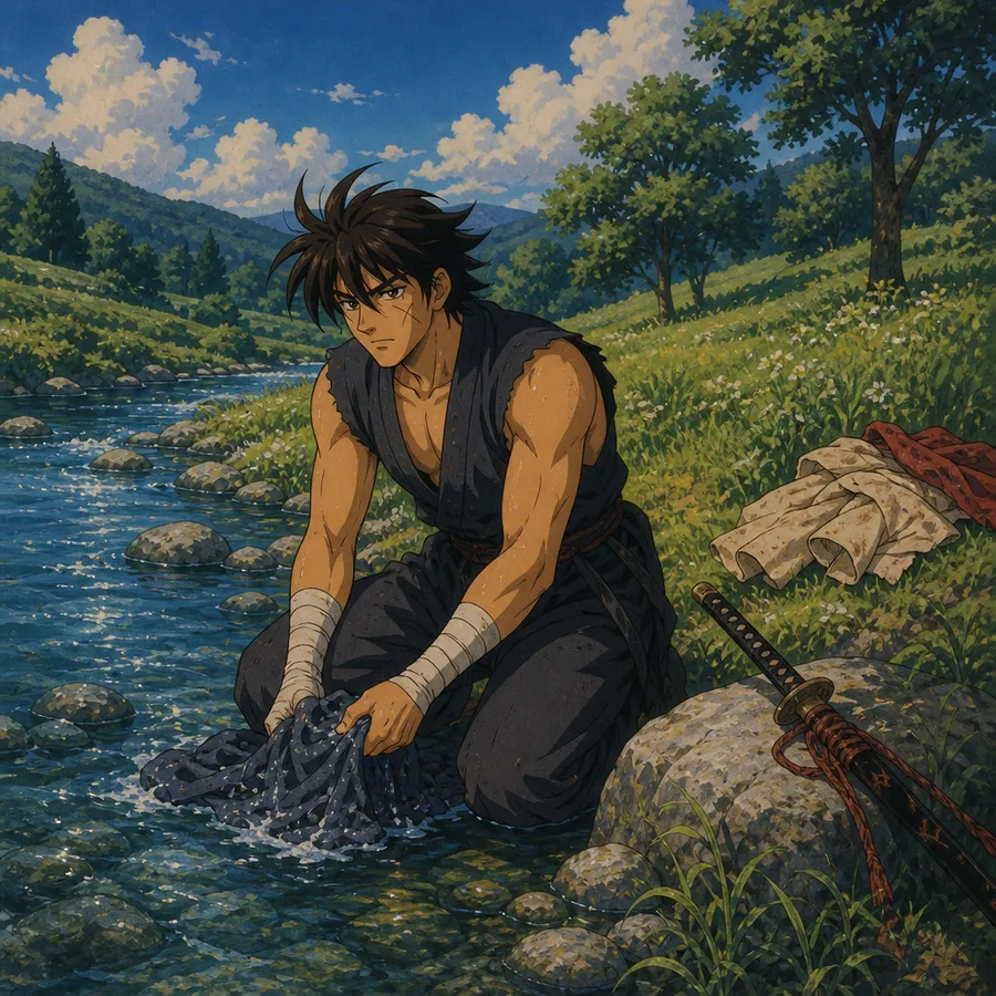 Anime samurai kneeling to wash clothes in a river in a green valley, katana resting on the rocks, anime AI art created with getimg.ai.