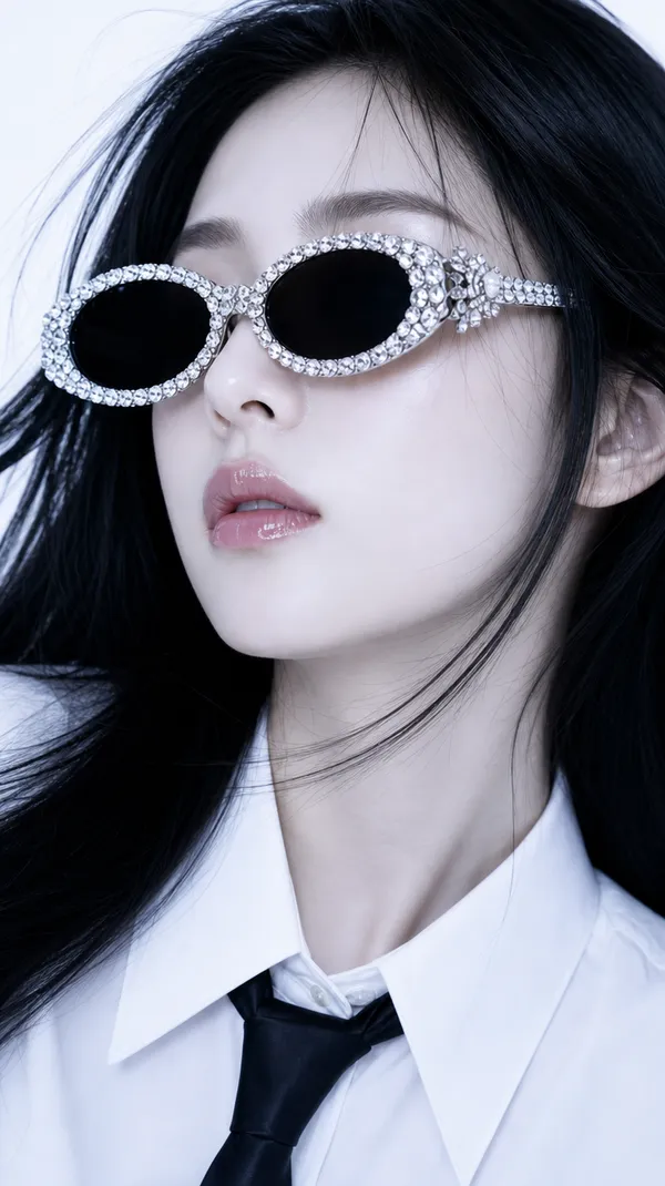 female character, long black hair, porcelain skin, glossy pink lips, ornate crystal oval sunglasses, white shirt and black tie, avant-garde luxury eyewear campaign portrait, tight close-up on face and sunglasses, bold fashion expression, clean white studio background, minimal but striking composition, soft cool-toned lighting, slightly futuristic editorial mood, premium Korean fashion advertisement aesthetic, highly detailed, polished, iconic beauty campaign shot, generated on getimg.ai