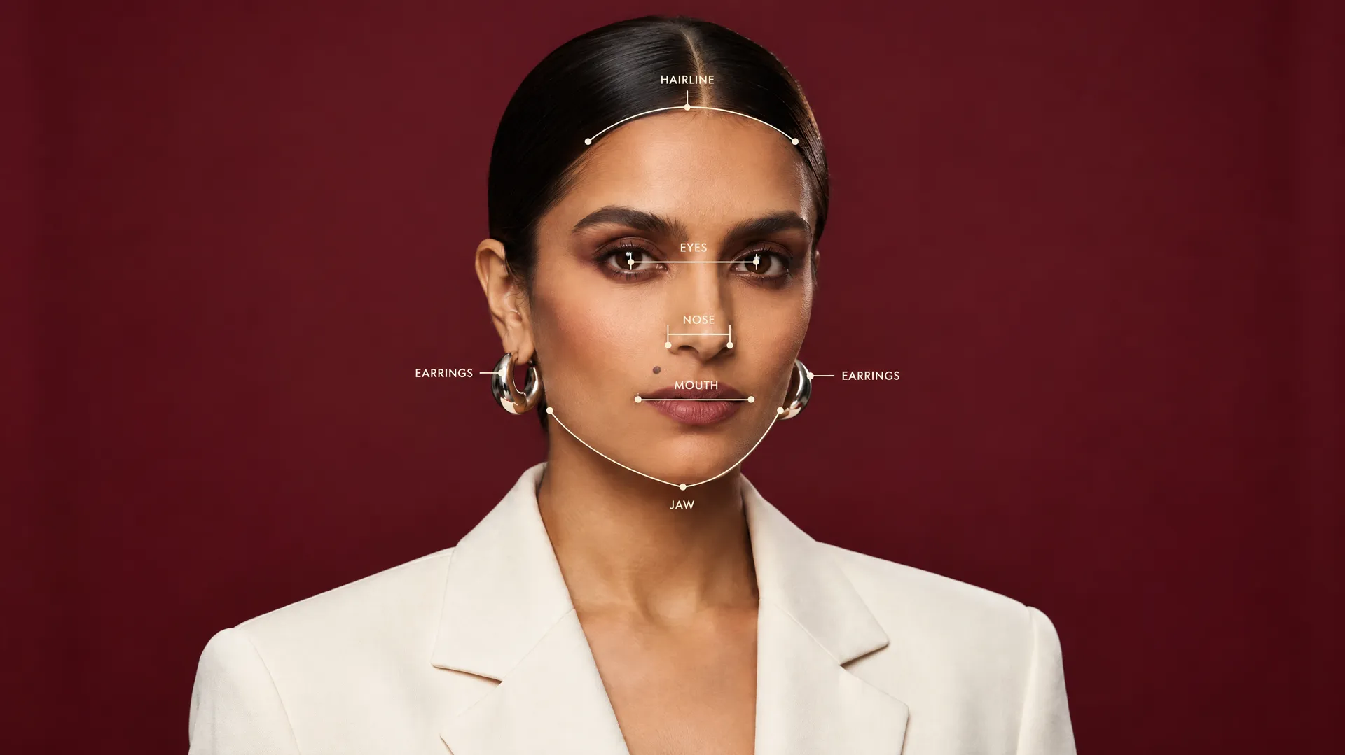 Front portrait of a fictional model in a cream blazer with labeled guide lines for hairline, eyes, nose, earrings and jaw, generated on getimg.ai to show which facial features to check for identity consistency in a guide to creating an AI photoshoot from one photo