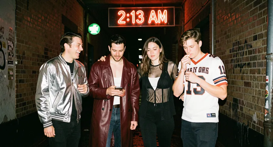 Flash night photo of four friends leaving a club under a red 2:13 AM neon sign in a rain-soaked alley, generated on getimg.ai with FLUX.2 [klein] for an AI image realism test.
