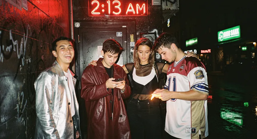 Flash night photo of four friends leaving a club under a red 2:13 AM neon sign in a rain-soaked alley, generated on getimg.ai with FLUX.2 [pro] for an AI image realism test.