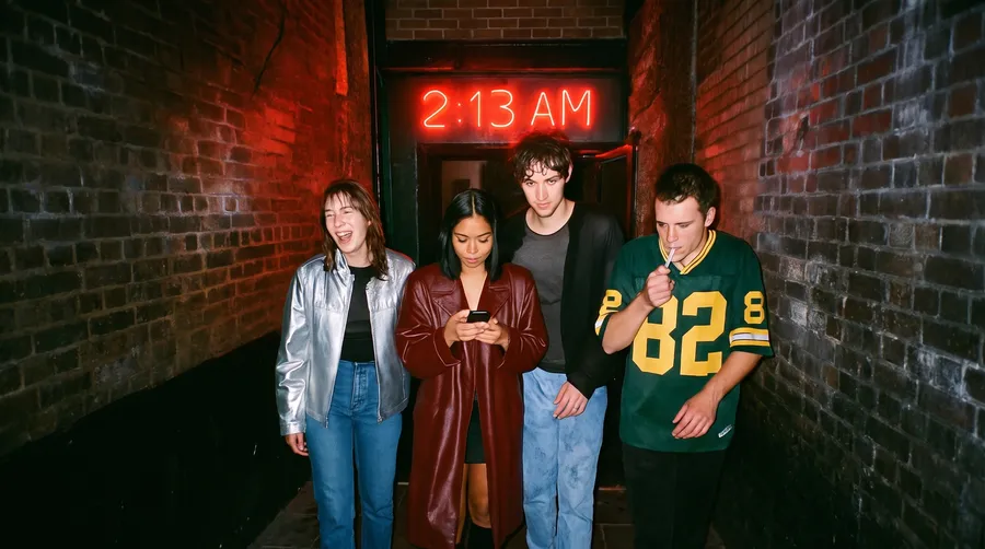 Flash night photo of four friends leaving a club under a red 2:13 AM neon sign in a rain-soaked alley, generated on getimg.ai with GPT Image 1 for an AI image realism test.