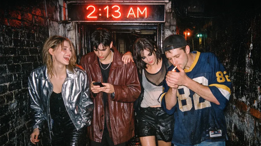 Flash night photo of four friends leaving a club under a red 2:13 AM neon sign in a rain-soaked alley, generated on getimg.ai with GPT Image 1.5 for an AI image realism test.