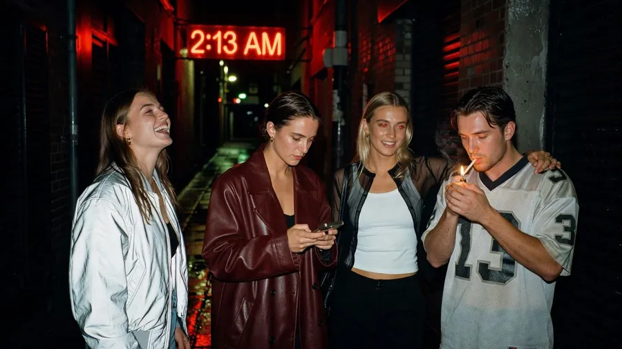 Flash night photo of four friends leaving a club under a red 2:13 AM neon sign in a rain-soaked alley, generated on getimg.ai with Grok Imagine for an AI image realism test.