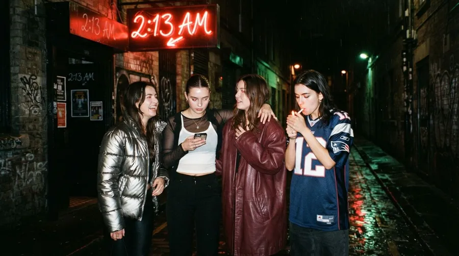 Flash night photo of four friends leaving a club under a red 2:13 AM neon sign in a rain-soaked alley, generated on getimg.ai with Nano Banana 2 Lite for an AI image realism test.