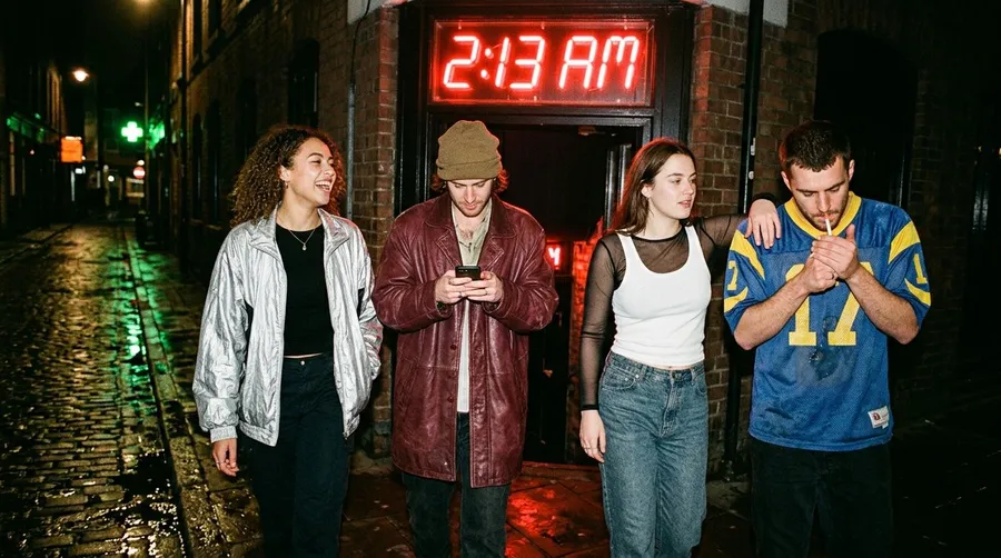Flash night photo of four friends leaving a club under a red 2:13 AM neon sign in a rain-soaked alley, generated on getimg.ai with Nano Banana 2 for an AI image realism test.