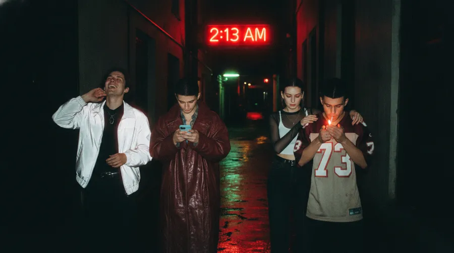 Flash night photo of four friends leaving a club under a red 2:13 AM neon sign in a rain-soaked alley, generated on getimg.ai with Nano Banana for an AI image realism test.