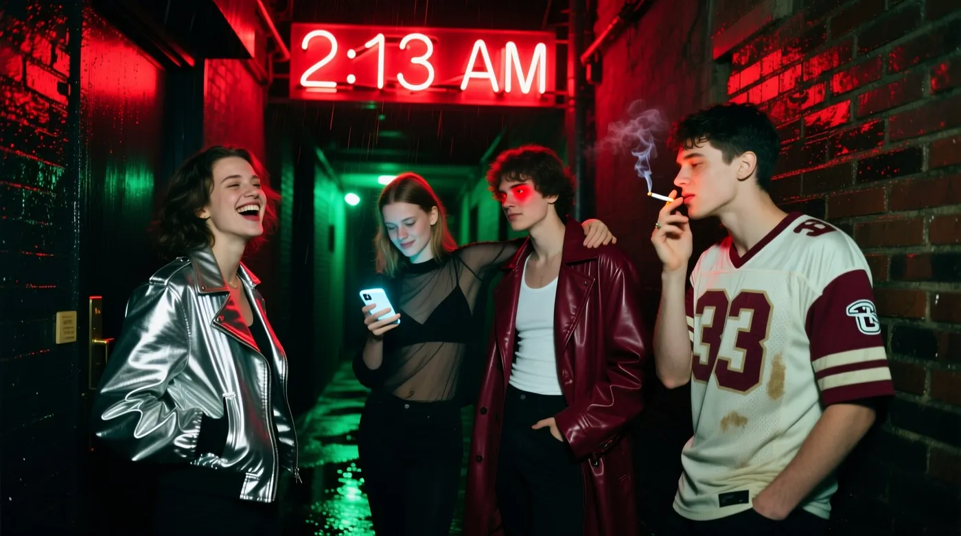 Flash night photo of four friends leaving a club under a red 2:13 AM neon sign in a rain-soaked alley, generated on getimg.ai with Qwen Image for an AI image realism test.