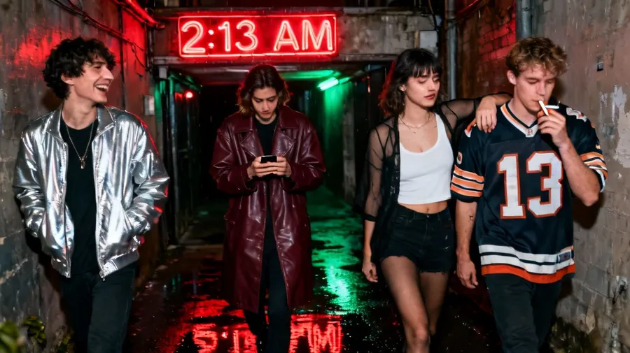 Flash night photo of four friends leaving a club under a red 2:13 AM neon sign in a rain-soaked alley, generated on getimg.ai with Seedream 4 for an AI image realism test.