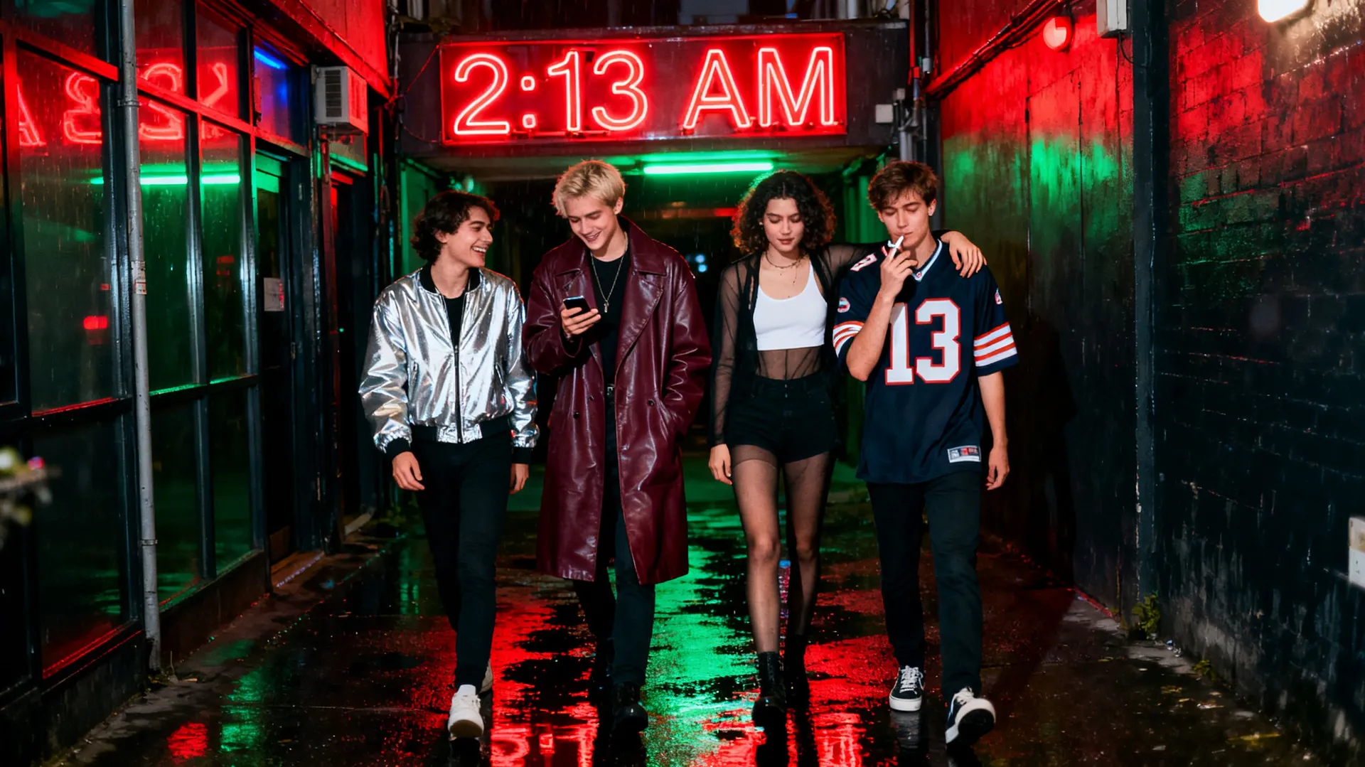 Flash night photo of four friends leaving a club under a red 2:13 AM neon sign in a rain-soaked alley, generated on getimg.ai with Seedream 4.5 for an AI image realism test.