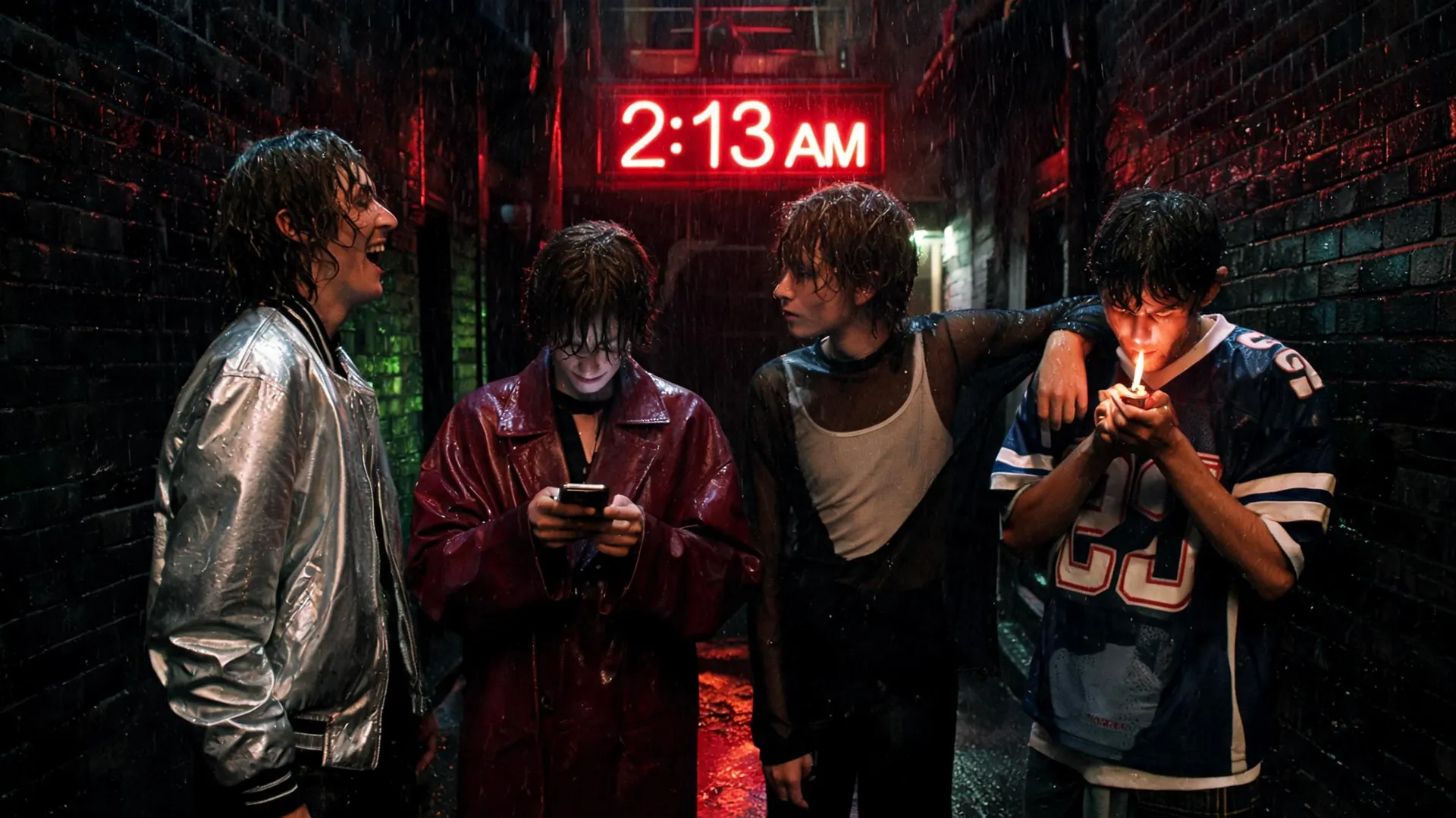 Flash night photo of four friends leaving a club under a red 2:13 AM neon sign in a rain-soaked alley, generated on getimg.ai with Seedream 5.0 Lite for an AI image realism test.