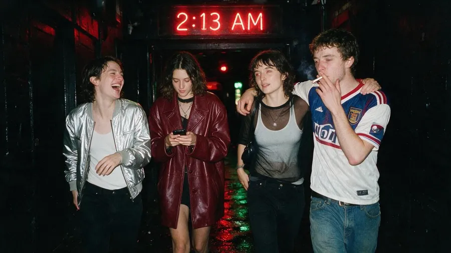 Flash night photo of four friends leaving a club under a red 2:13 AM neon sign in a rain-soaked alley, generated on getimg.ai with Seedream 5.0 Pro for an AI image realism test.