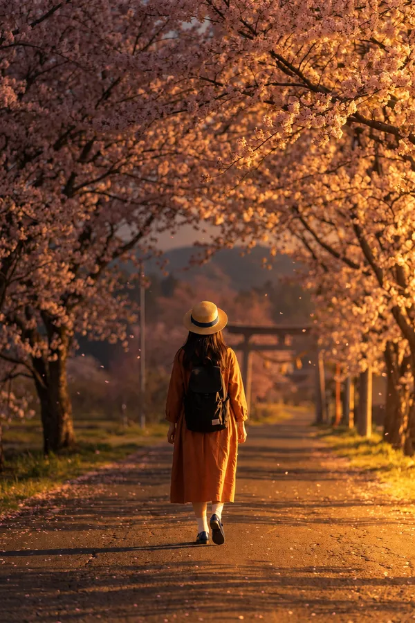 After AI relighting on getimg.ai: the same cherry blossom path and torii scene relit with warm golden-hour sunlight raking in from the side, glowing across the blossoms and casting a long shadow down the path.