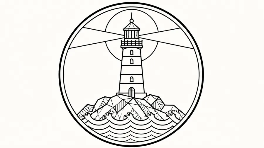 Circular badge line art of a lighthouse on rocks above waves with a sun behind it, generated with getimg.ai's AI line art generator
