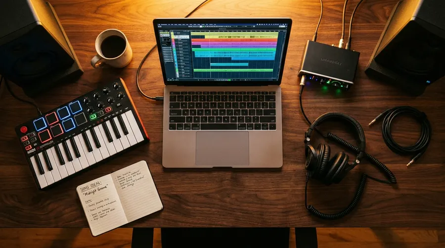 Overhead view of a music producer desk with a laptop showing a multitrack audio waveform, studio headphones, a MIDI keyboard and monitor speakers, illustrating a link to the getimg.ai AI audio generator. Image generated with getimg.ai.