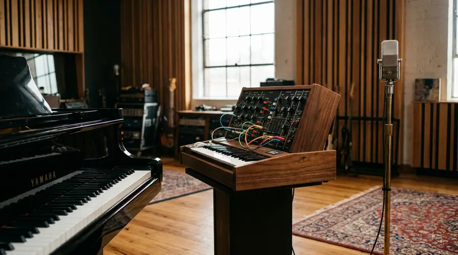 A grand piano beside a patched analog synthesizer in a wood-panelled recording studio with a ribbon microphone, illustrating a link to the Google Lyria 3 Pro music generation model on getimg.ai. Image generated with getimg.ai.