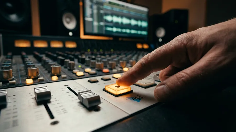 Close-up of a hand pressing a glowing button on a studio mixing console with an audio waveform on the screen behind, illustrating a link to the getimg.ai guide to generating music. Image generated with getimg.ai.