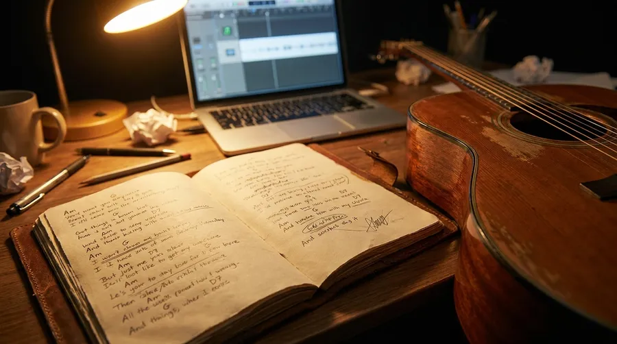 Open notebook filled with handwritten lyrics and chord names beside an acoustic guitar and a laptop running a music session, illustrating a link to the getimg.ai guide to writing AI music prompts. Image generated with getimg.ai.