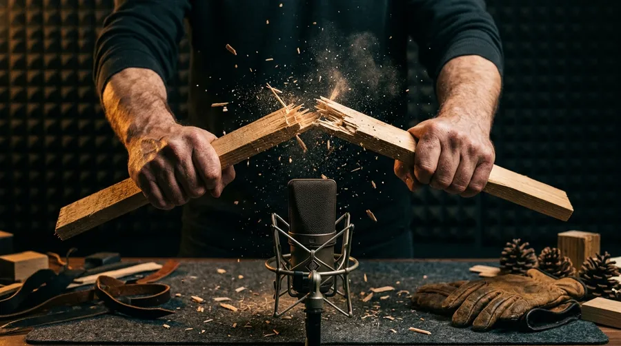Foley artist snapping a wooden board above a condenser microphone in a dim studio to record a sharp impact sound effect, illustrating a link to the getimg.ai AI sound effect generator. Image generated with getimg.ai.