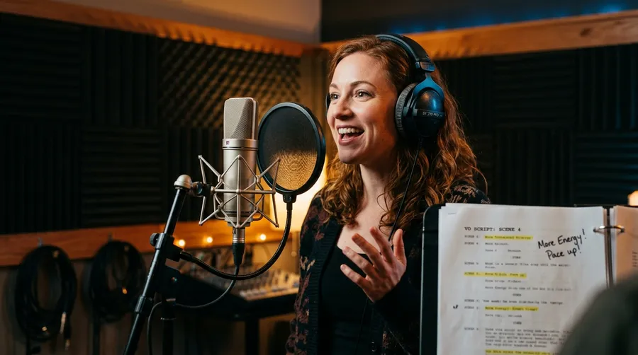 Voice actor recording a script at a condenser microphone behind a pop filter in a padded vocal booth, illustrating a link to the getimg.ai AI text to speech generator. Image generated with getimg.ai.