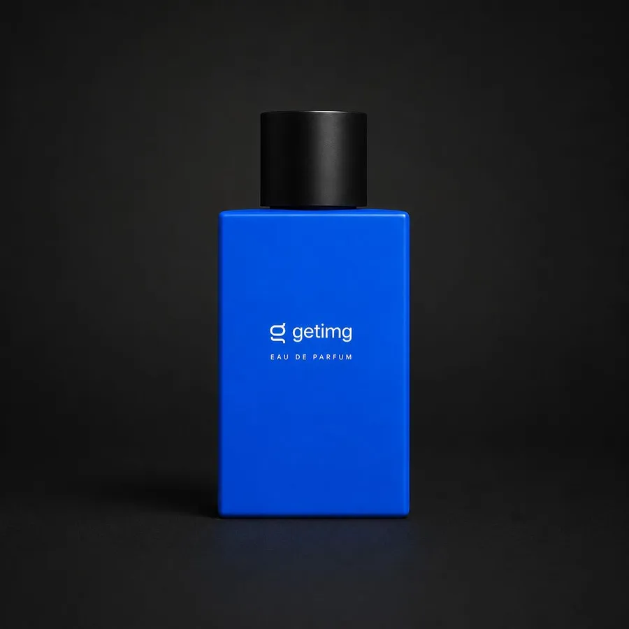 blue getimg.ai eau de parfum bottle with black cap on a dark background, product photo used as a first frame for AI image to video generation on getimg.ai