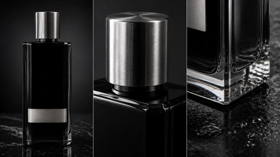 A triptych of macro and detail shots of the black fragrance bottle: the full bottle on black marble, an extreme close-up of the brushed silver cap, and the glass base edge on a wet reflective surface, showing how macro shots add variety while keeping the same product and palette. Generated with getimg.ai.