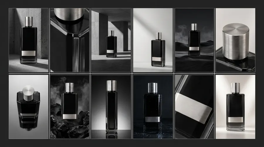 A twelve-panel grid of the black fragrance bottle across many scenes, scales, and lighting setups, all sharing one palette and one product, showing how a single product photo becomes a full campaign in one visual language. Generated with getimg.ai.