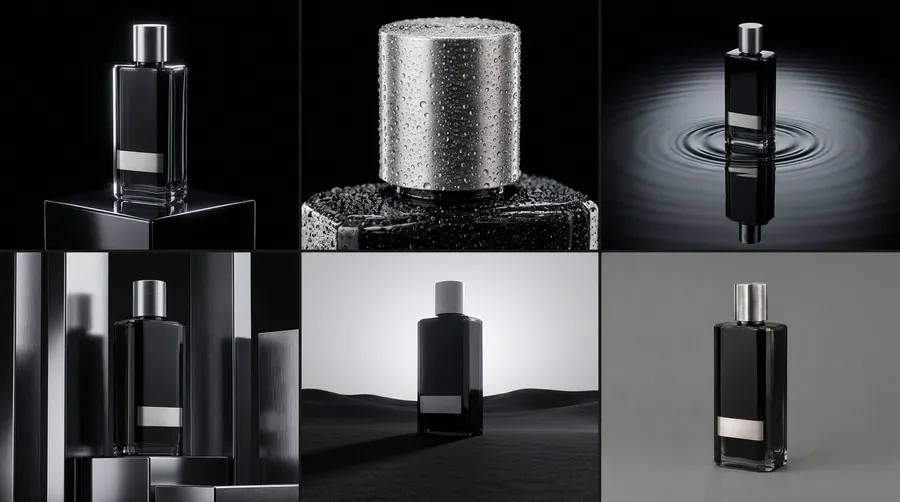 A six-panel campaign board of the black fragrance bottle covering the different jobs of a set: a hero shot, a water-beaded macro of the cap, a reflection on dark water, a metallic set, a minimal landscape, and a clean product shot, all built from one product. Generated with getimg.ai.
