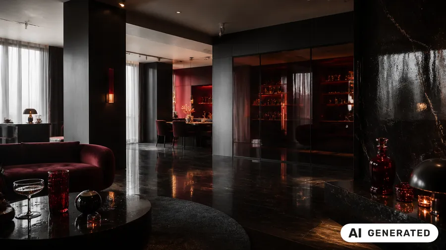 AI-generated interior of a dark, luxurious living space with a burgundy velvet sofa, a polished black marble floor and coffee table set with red cocktail glasses, and a candle-lit dining area behind a glass partition, lit with warm red accents. The white "AI Generated" EU disclosure label sits in the bottom-right corner. Generated on getimg.ai.