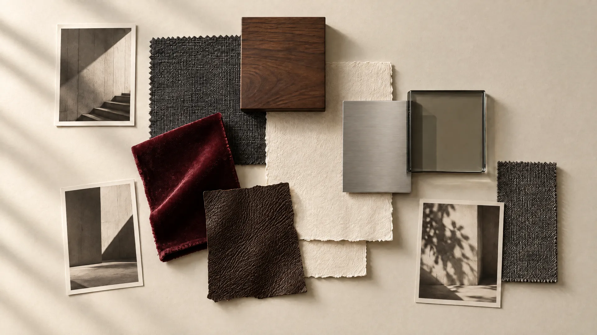 An AI-generated materials flat lay for Mara's brand fingerprint: sepia architecture prints, dark walnut, brushed steel, smoked glass, deep burgundy velvet and brown leather on a cream ground, the palette and textures every post must echo; created on getimg.ai.