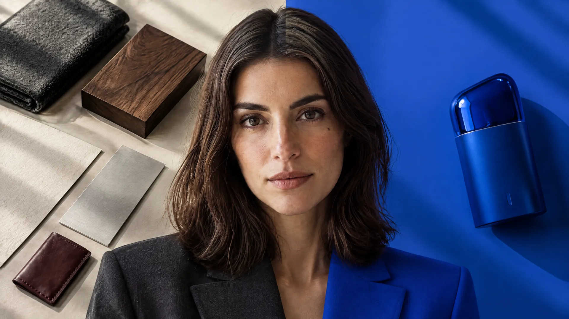 An AI-generated split-toned shot of Mara beside a cobalt-blue product, half warm materials and half saturated blue, a deliberate example of a partner brand color competing with her own; created on getimg.ai.