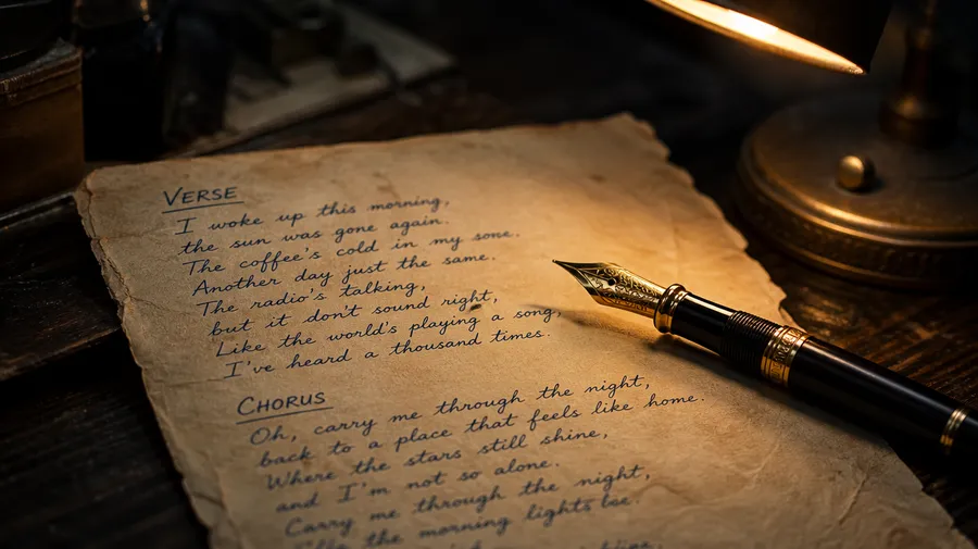 A handwritten lyric sheet on aged paper with sections headed VERSE and CHORUS and a fountain pen resting across it, representing writing your own lyrics with section labels. Image generated with getimg.ai.