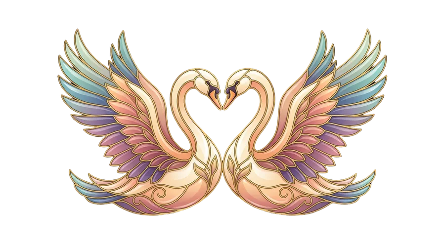 Custom emoji of two elegant swans with ornate iridescent wings in pastel gold, blue, and pink, their long necks curving together to form a heart. A love and romance emoji generated with getimg.ai's AI emoji maker.