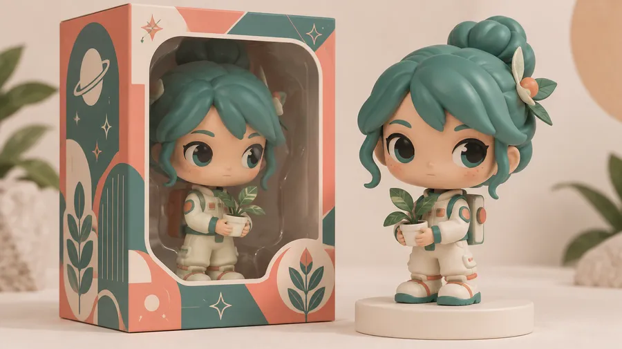 Teal-haired botanist figure holding a plant beside a matching coral and teal display box