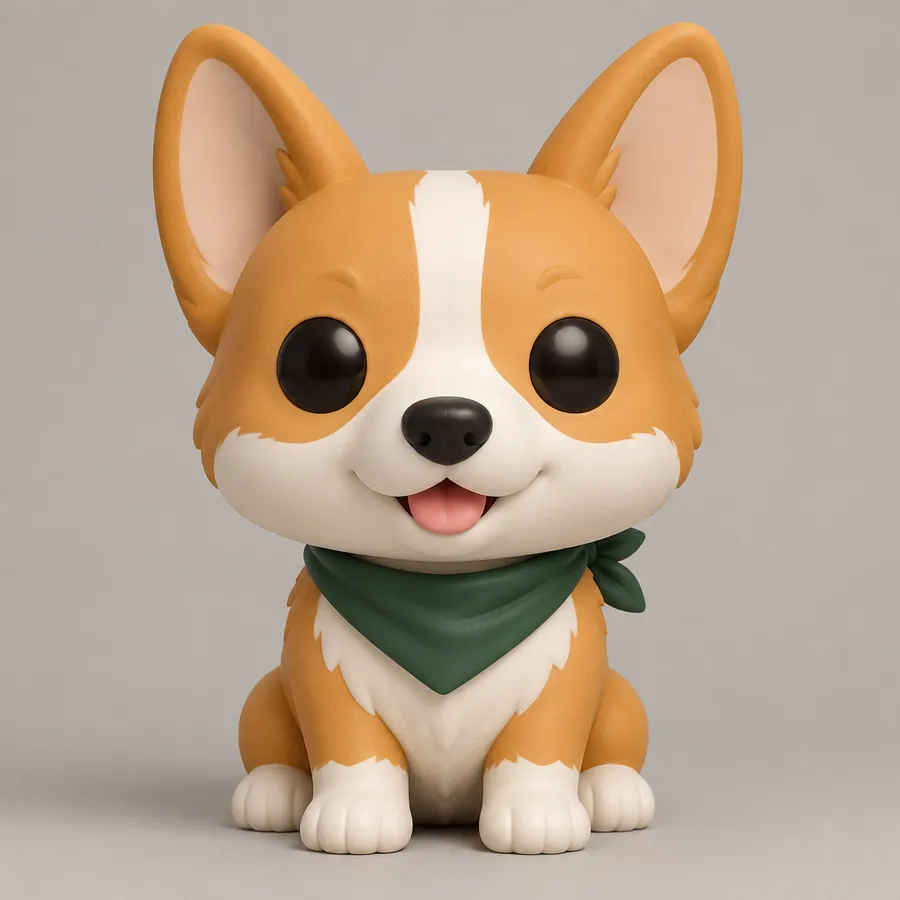 Orange and white corgi collectible figure with upright ears and a green bandana