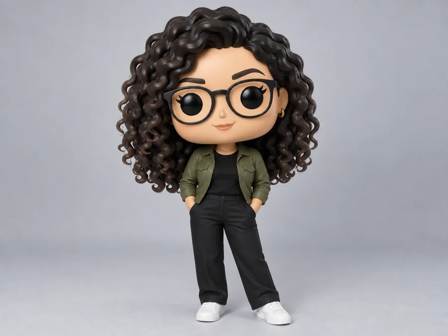 Curly-haired figure with round glasses, a green jacket, black trousers and white sneakers on a gray backdrop
