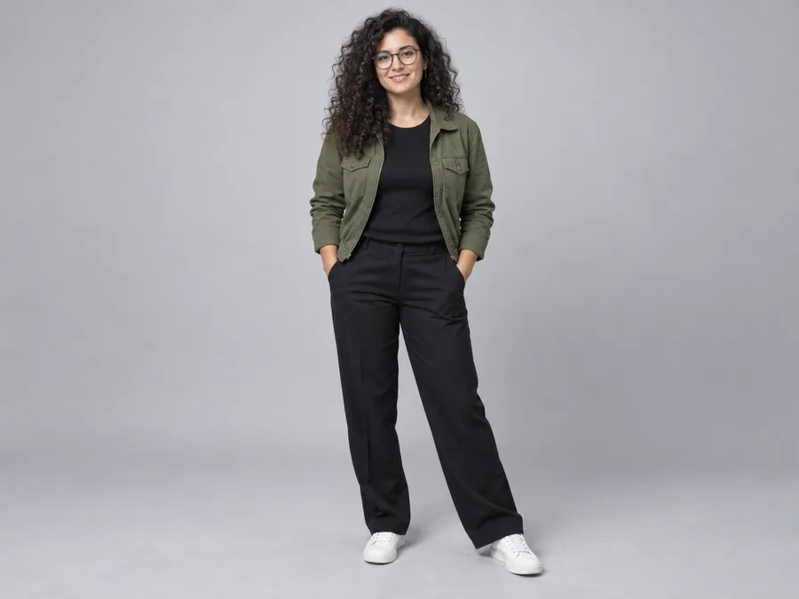 Woman with dark curly hair and round glasses wearing a green jacket, black trousers and white sneakers