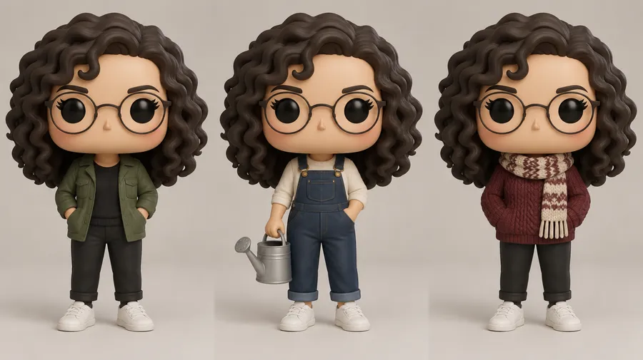 Three curly-haired figures with glasses wearing a green jacket, blue overalls and a burgundy winter sweater